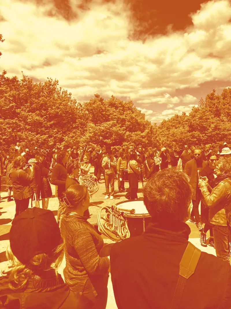 A large crowd at the park surrounds musicians playing french horn, bassoon, trumpet and drums