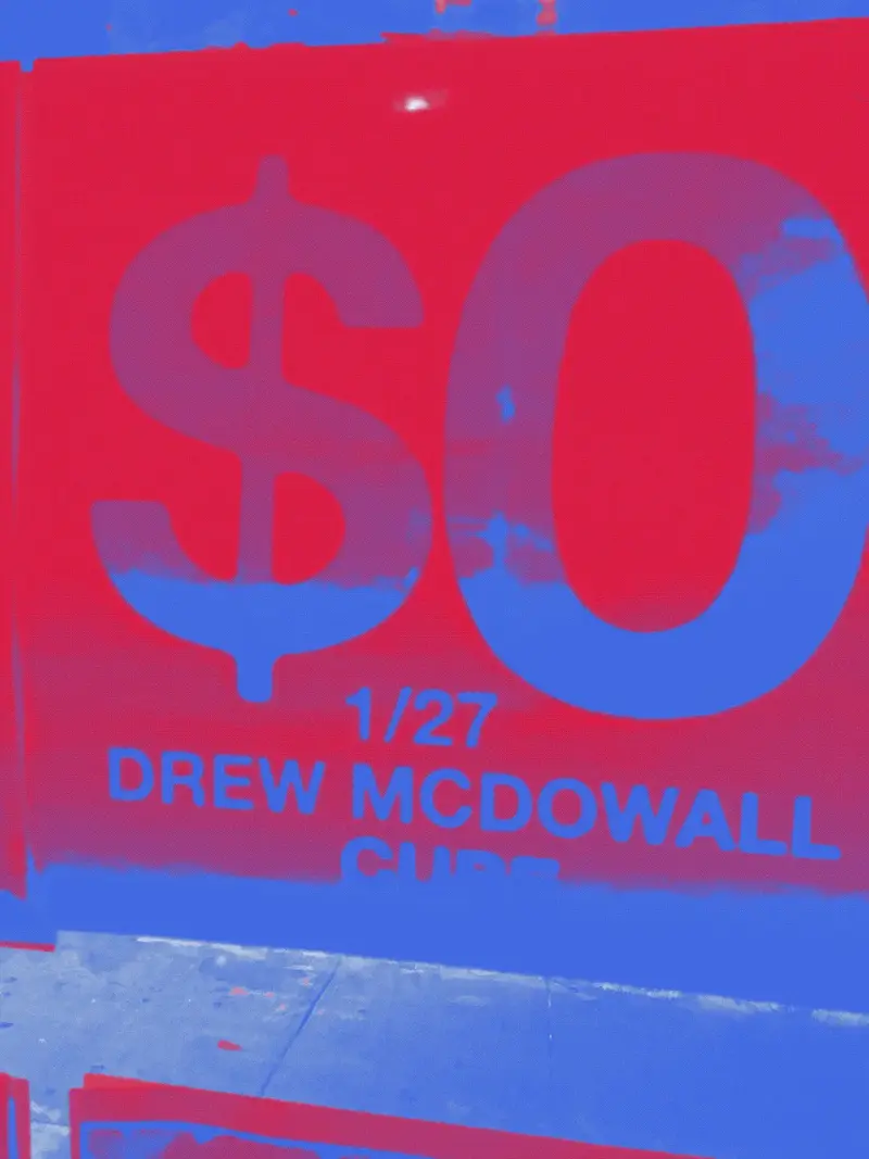minimalist poster for CUBE and Drew MacDowell concert with giant $0
