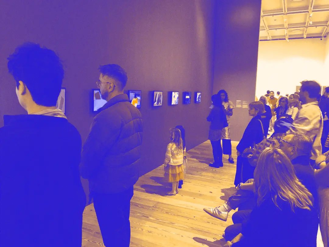 whitney biennial crowd viewing samia halaby’s computational art made in BASIC and C in the 1980s