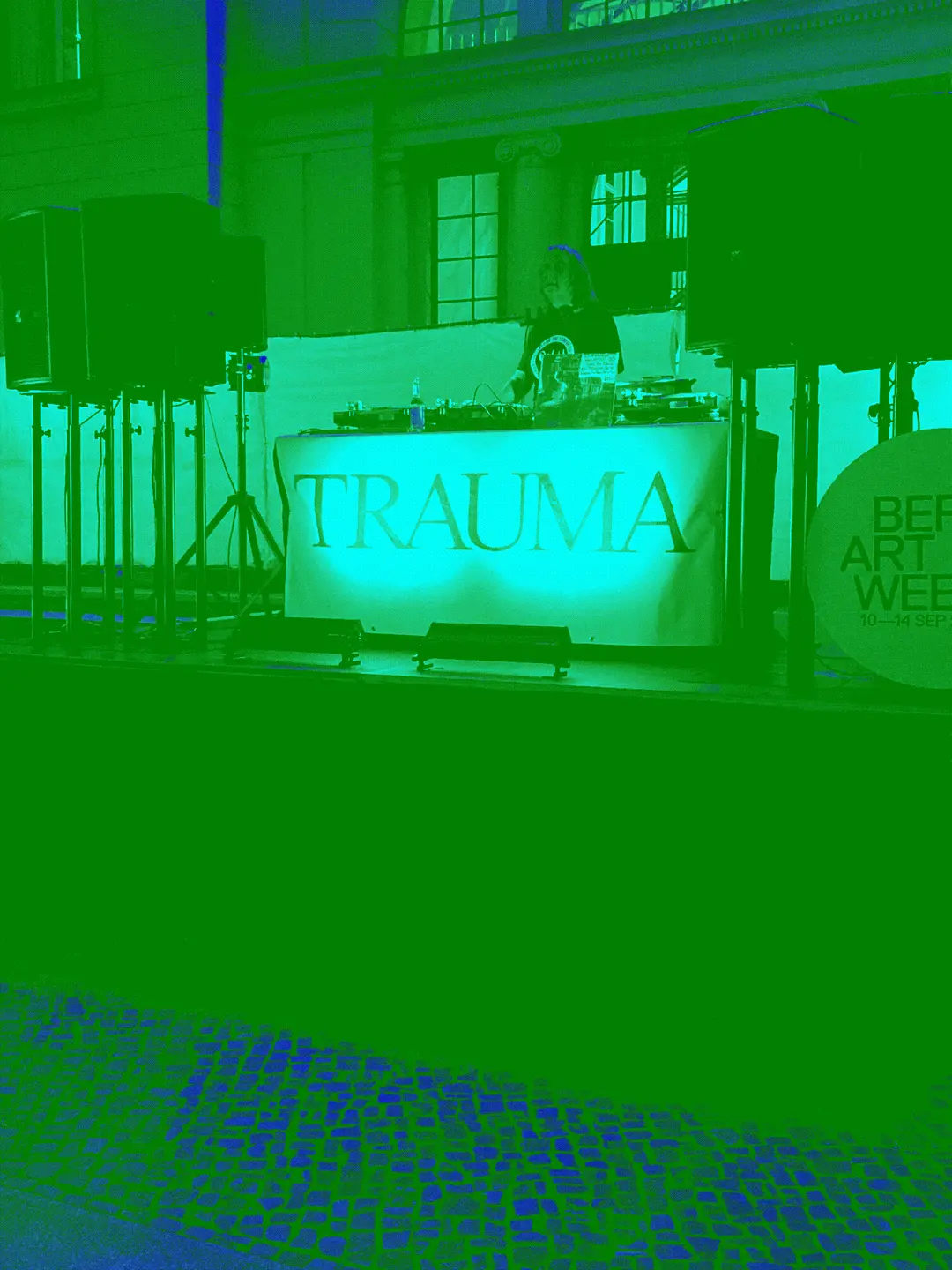 DJ Marcelle with the TRAUMA banner