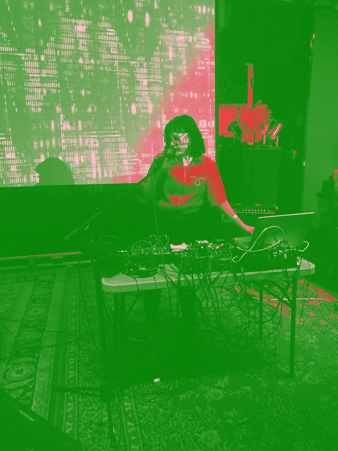 sholeh sings into a mic, standing at a ‘noise table’ and in front of screen projection